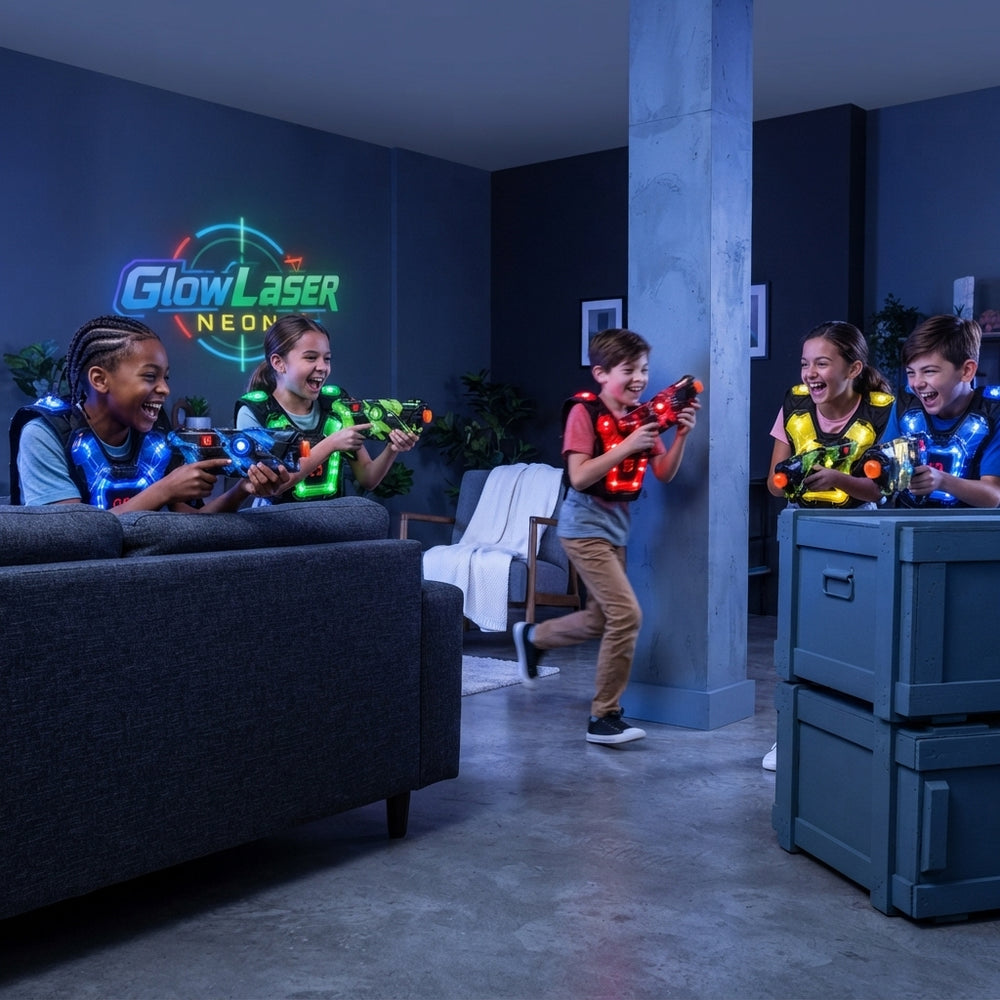 Diverse children playing with Glowlaser Neon laser tag blasters in a modern, dimly lit living room.