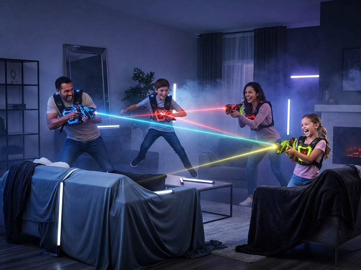 A diverse family playing laser tag in a living room with Glowlaser Neon equipment, showing active engagement and home arena s
