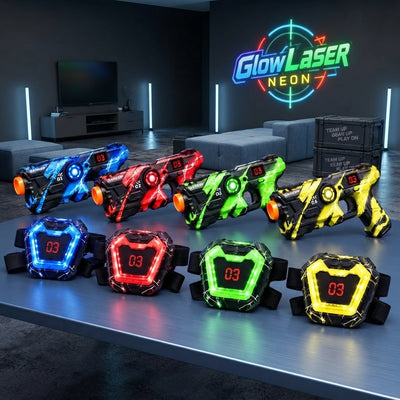 Glowlaser Neon laser tag battle set displayed on a blue surface in a modern living room setting.